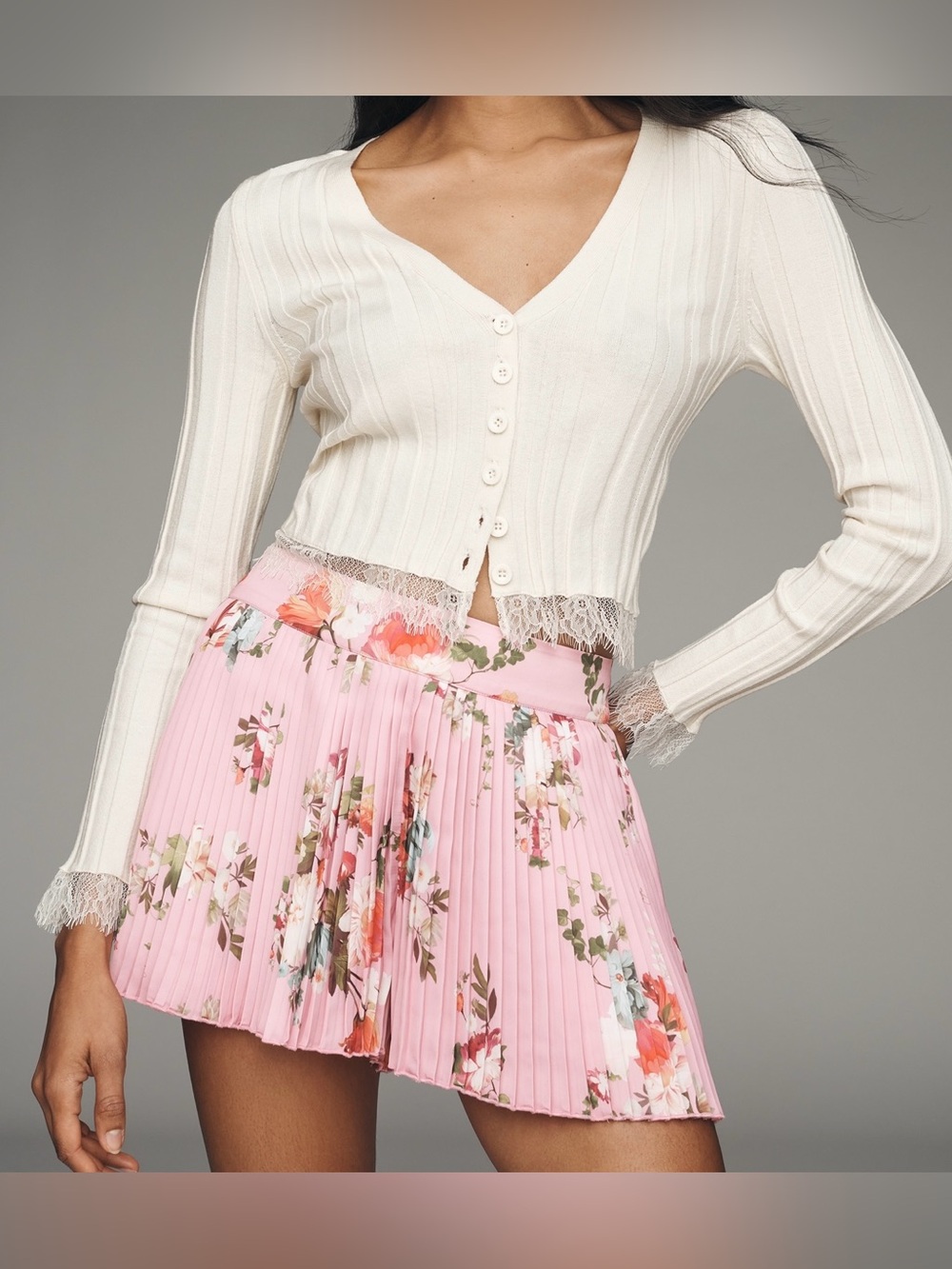 Ranna Gill/Anthropologie Pink Floral Pleated Mini Skirt